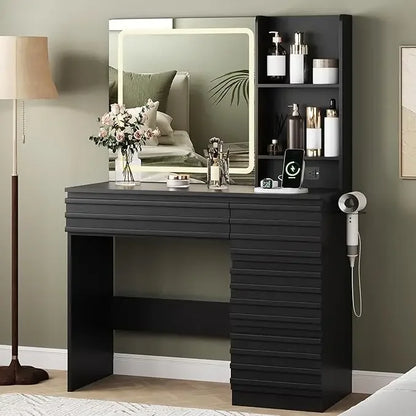 LED Makeup Vanity with 4 Drawers & Open Shelves