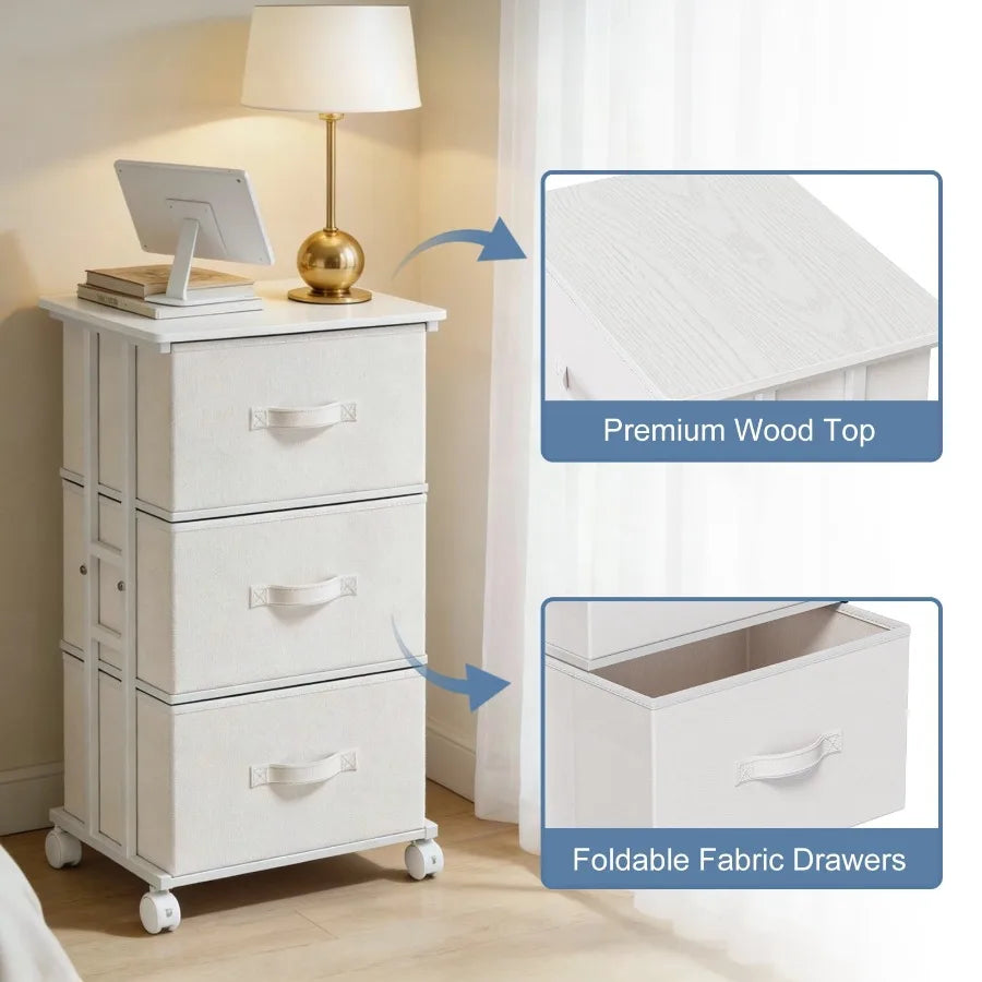 Rolling 3‑Drawer Nightstand – Fabric Storage
