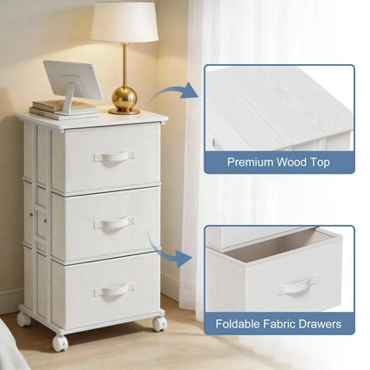 Rolling 3‑Drawer Nightstand – Fabric Storage