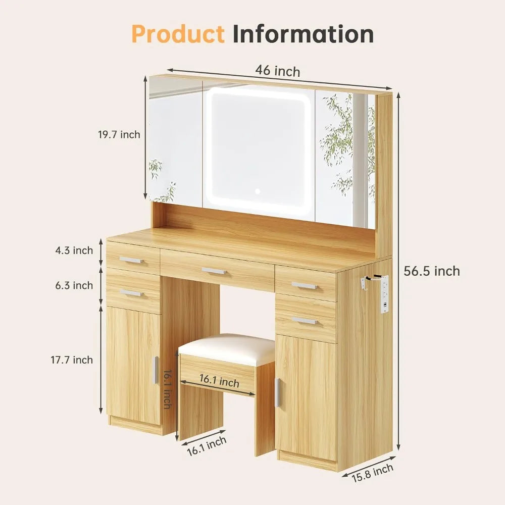 Tri‑Fold Vanity Mirror with 9 Drawers, LED Lights & Stool