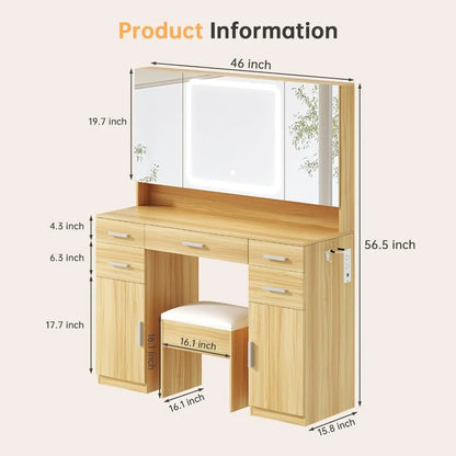 Tri‑Fold Vanity Mirror with 9 Drawers, LED Lights & Stool