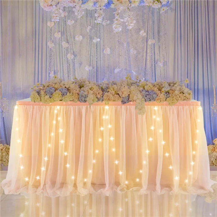 Tulle Table Skirt with LED Lights 6FT Table Cloth for Baby Shower Wedding Birthday Party Bar Home Table Valentine's Day Decor