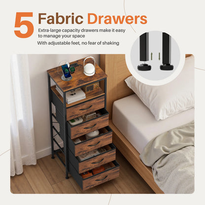 5‑Drawer Nightstand with Charging Station & USB Ports
