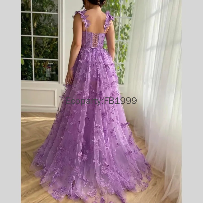 Elegant Corset Evening Gown with Tulle Skirt & 3D Butterfly Appliqués