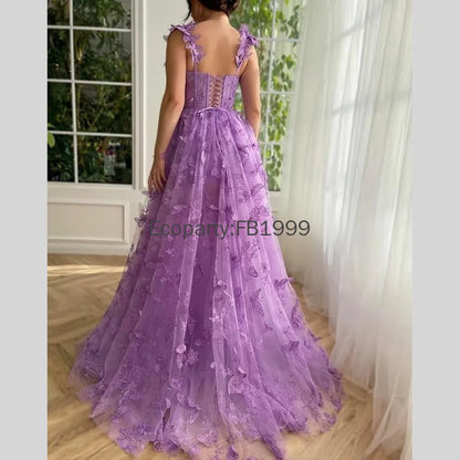 Elegant Corset Evening Gown with Tulle Skirt & 3D Butterfly Appliqués