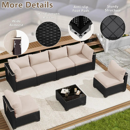 7‑Piece Wicker Rattan Patio Sectional Set with Coffee Table & Cushions