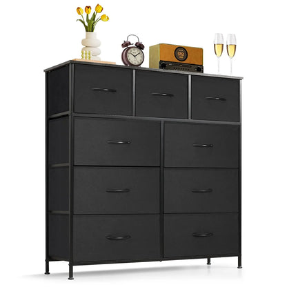 9‑Drawer Tall Bedroom Dresser with Wooden Top & Fabric Bins
