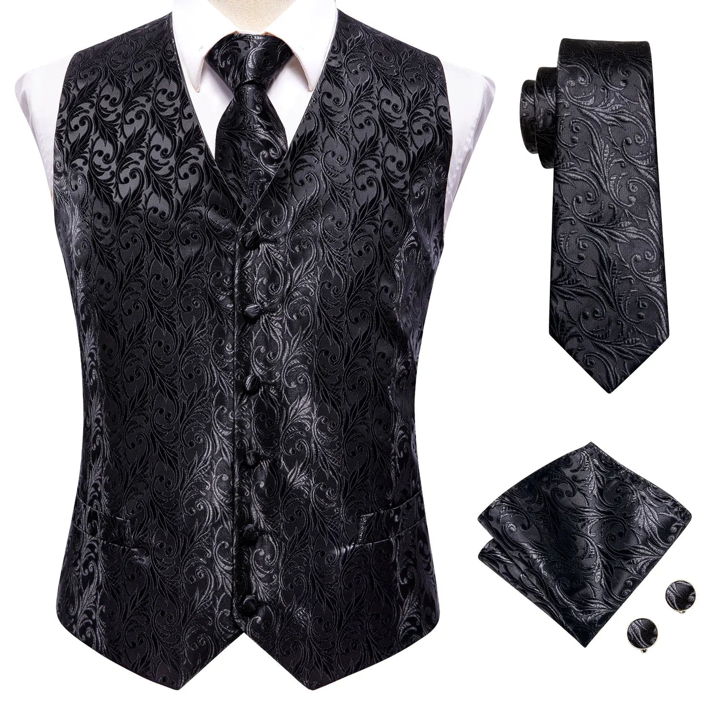 Hi-Tie 20 Color Silk Men's Vests Tie Slim Sleeveless Jacket Hanky Cufflink Waistcoat 4PC Suit