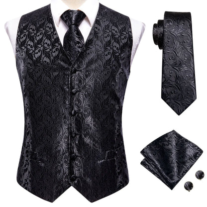 Hi-Tie 20 Color Silk Men's Vests Tie Slim Sleeveless Jacket Hanky Cufflink Waistcoat 4PC Suit