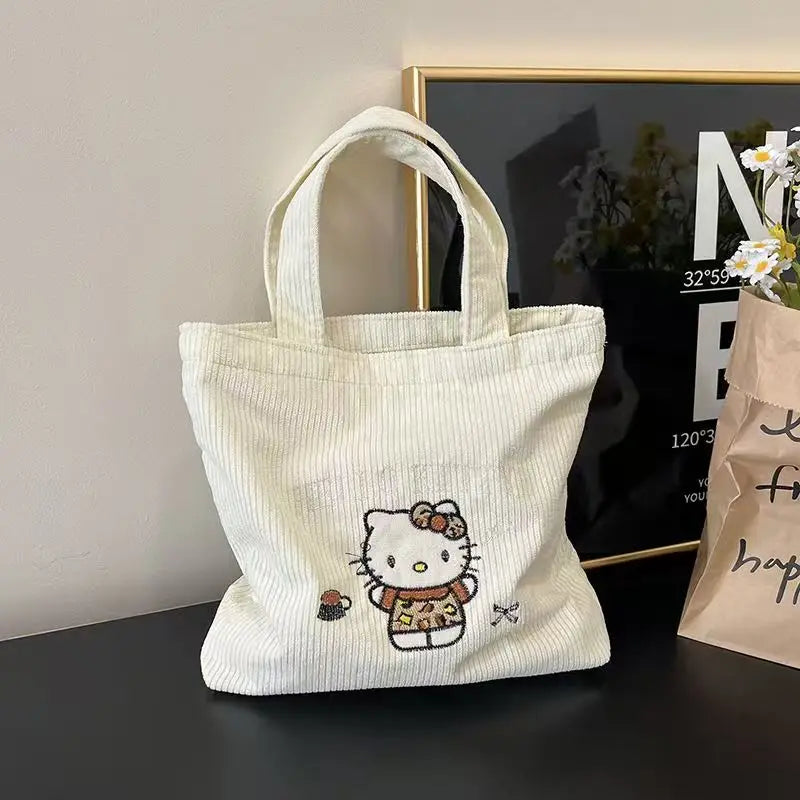 Hello Kitty Embroidered Corduroy Tote Bag (Reusable, Large Capacity, Kawaii Shoulder Handbag)
