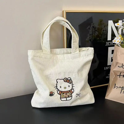 Hello Kitty Embroidered Corduroy Tote Bag (Reusable, Large Capacity, Kawaii Shoulder Handbag)