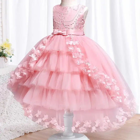 Party Embroidered Sticker Tailcoat Flower Girl Birthday Party 3-12  Sequin Dress
