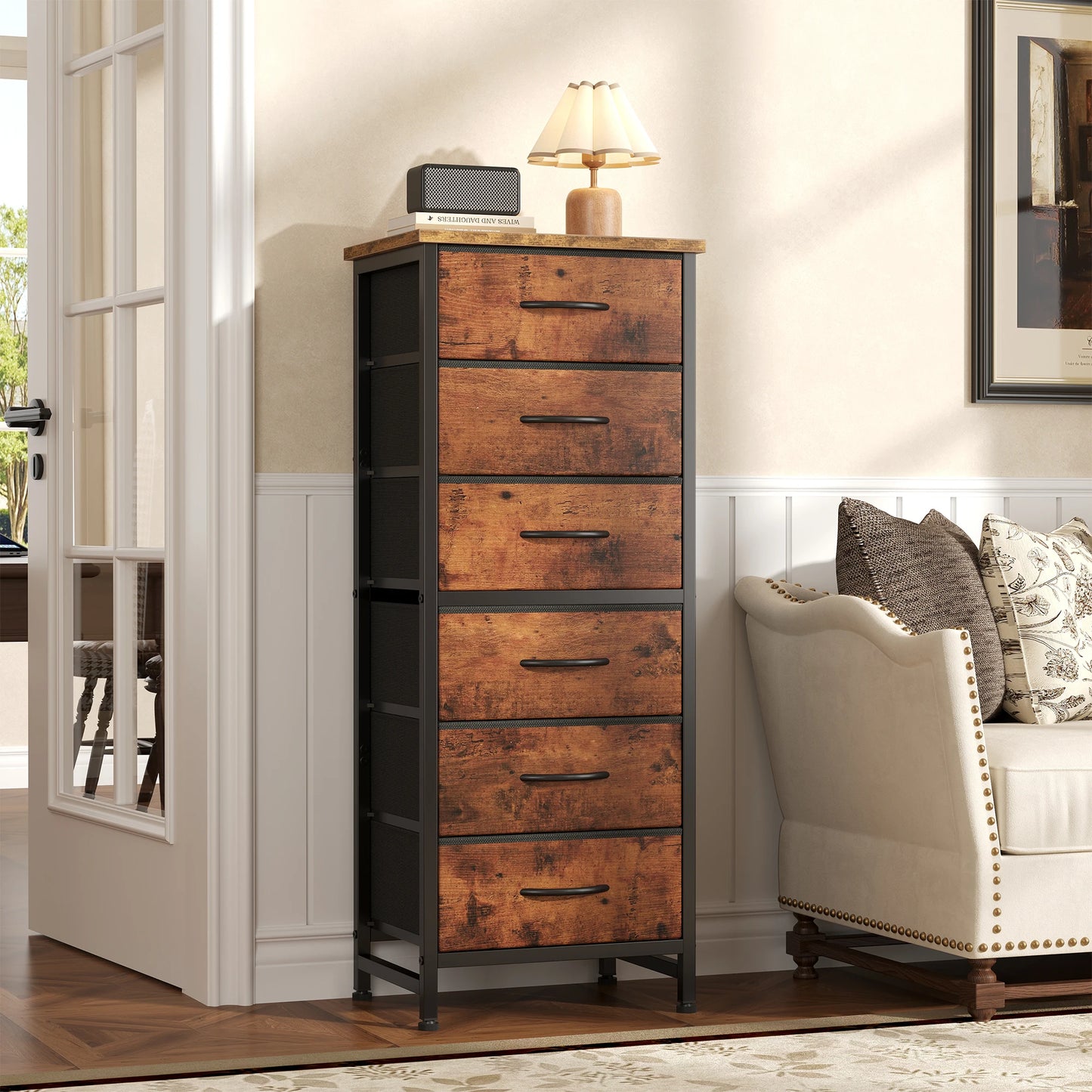 Tall 6‑Drawer Fabric Dresser with Wood Top & Metal Frame