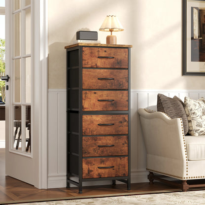 Tall 6‑Drawer Fabric Dresser with Wood Top & Metal Frame
