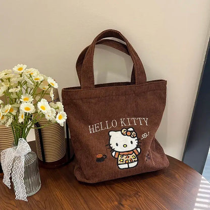Hello Kitty Embroidered Corduroy Tote Bag (Reusable, Large Capacity, Kawaii Shoulder Handbag)