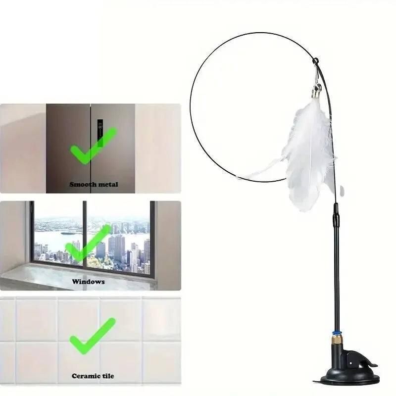 Interactive Bell & Feather Wand  Cat Teaser Toy  with Long Suction Cup Pole
