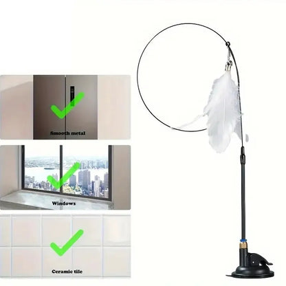 Interactive Bell & Feather Wand  Cat Teaser Toy  with Long Suction Cup Pole