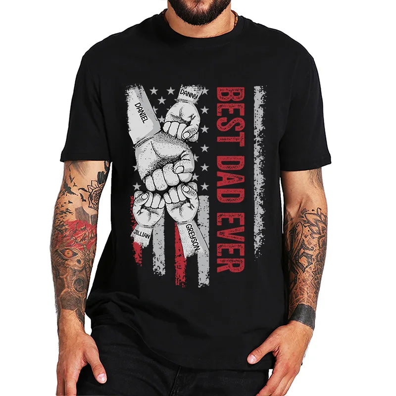 Custom Best Dad Ever T Shirt with Kids Name Fist Bump Dad Shirt Personalized Dad Grandpa American Flag T Shirt Fathers Day Gift