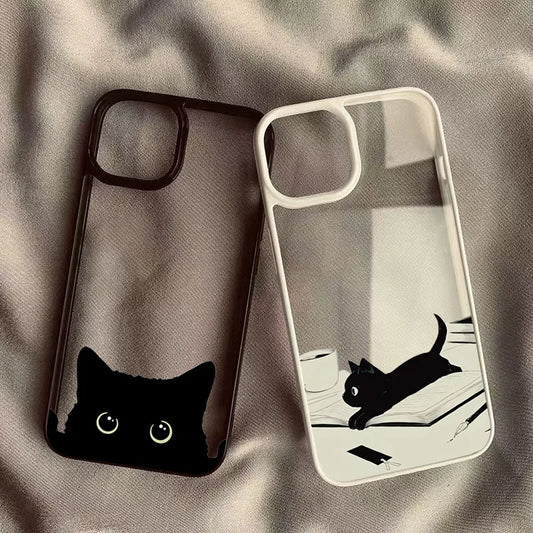 Cute Black Cat Pattern Hard Clear Phone Case For iPhone 15 16 Pro Max Plus 14 13 12 11 Pro  XR X XS Max Plus SE2 Cover