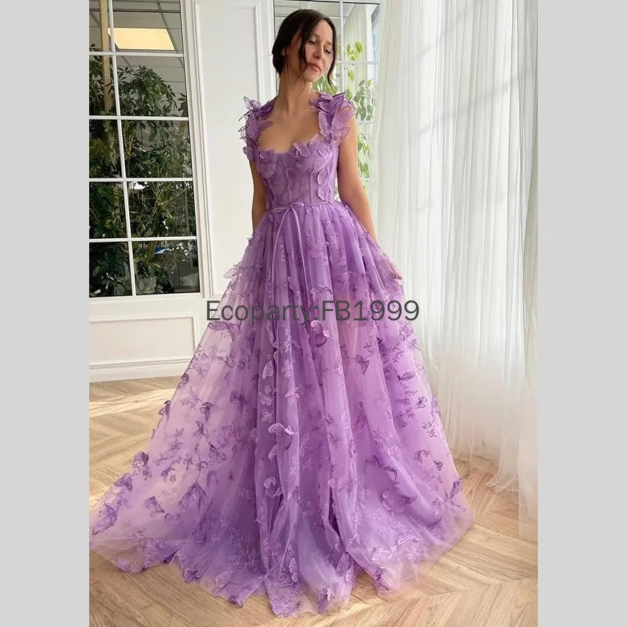 Elegant Corset Evening Gown with Tulle Skirt & 3D Butterfly Appliqués