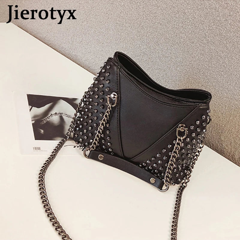 Studded Shoulder Bag Leather Punk Style Rock Rivet Crossbody Handbag Chain Wallet Purse