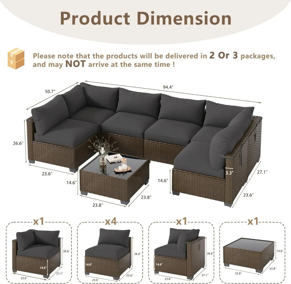 7‑Piece Outdoor Wicker Sectional Sofa Set with Coffee Table