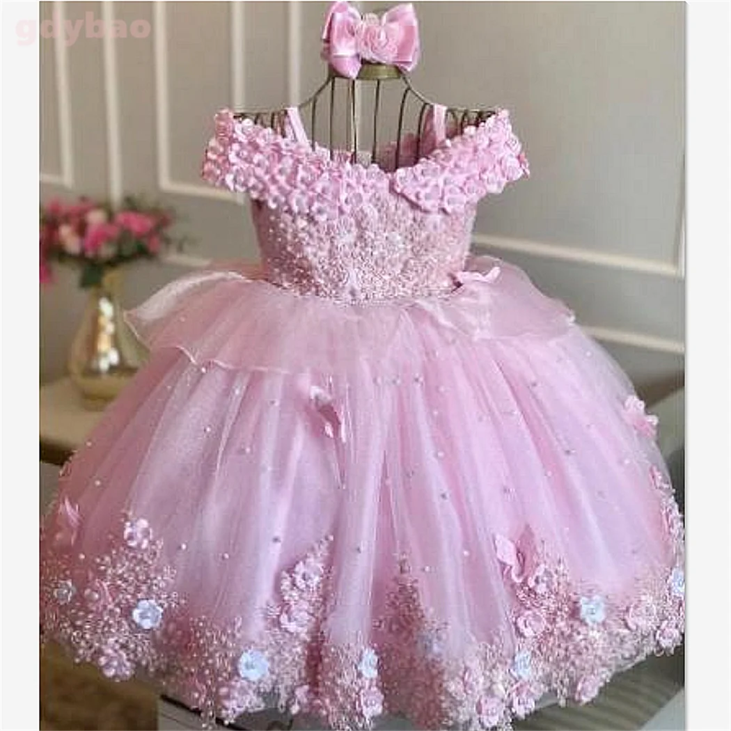 Off‑Shoulder Pearl &amp; Lace Butterfly Flower Girl Dress (Infant · First Birthday · Ball Gown · Customizable)