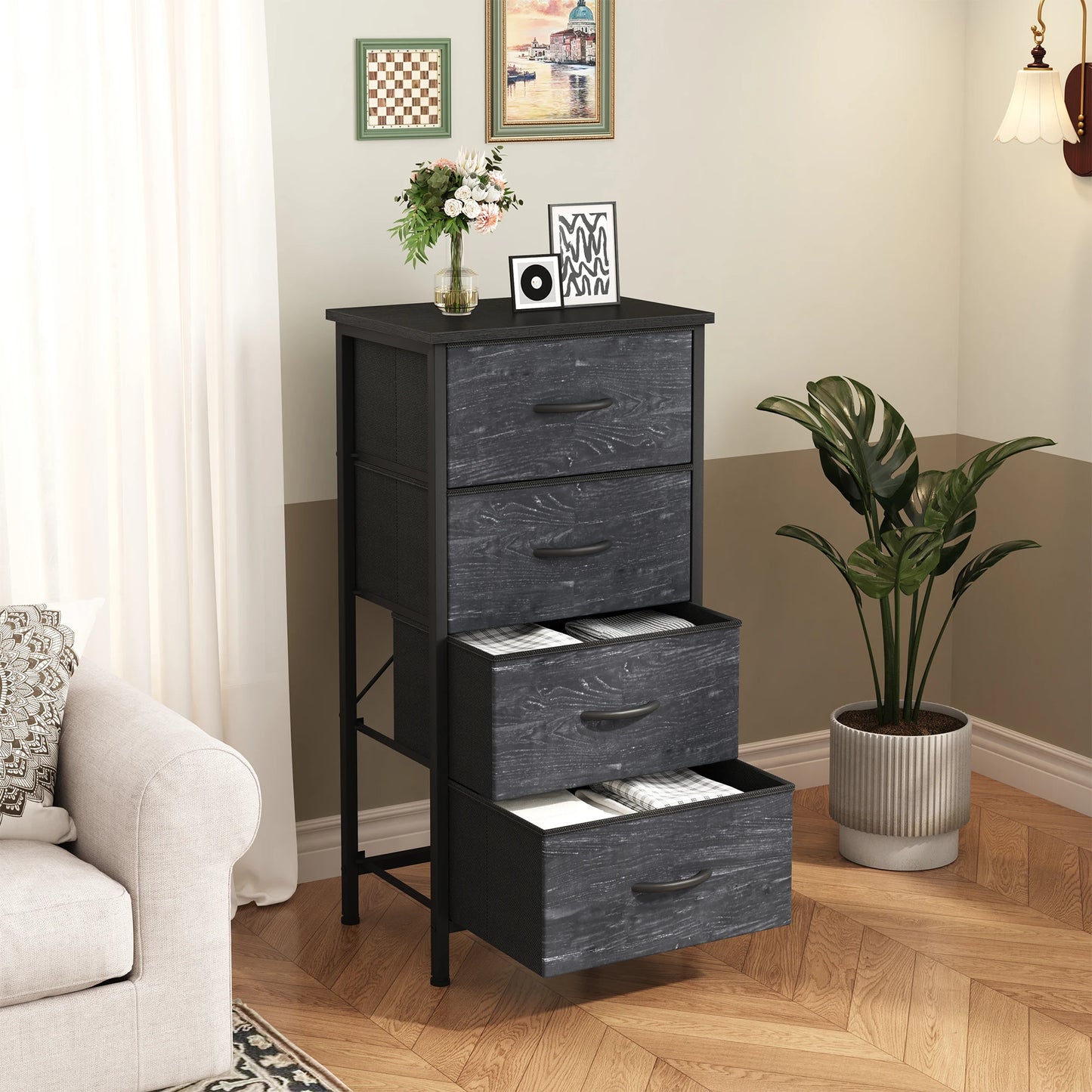 4‑Drawer Fabric Cabinet – Wood Top, Steel Frame