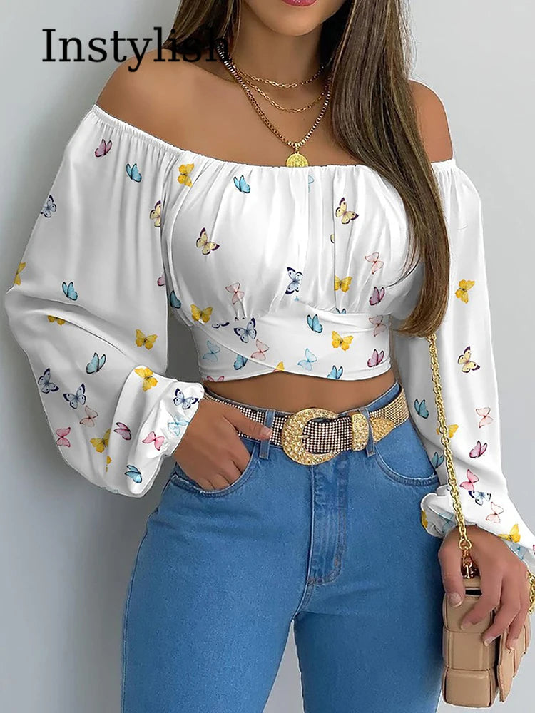Women's Sexy Off Shoulder Chic and Elegant Lantern Long Sleeve Lace Up Bow Slim Cropped Tops