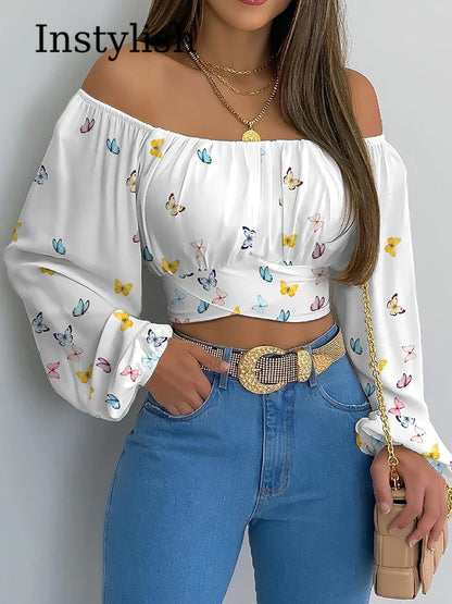 Women's Sexy Off Shoulder Chic and Elegant Lantern Long Sleeve Lace Up Bow Slim Cropped Tops