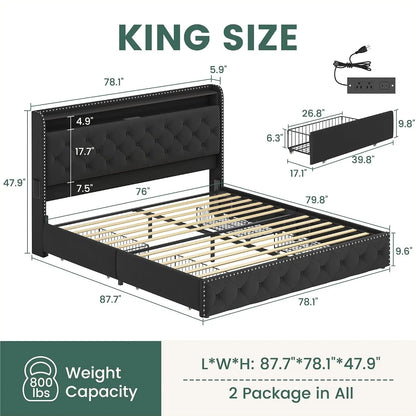 King Bed Frame w/ LED & 4 Drawers — Velvet Upholstered