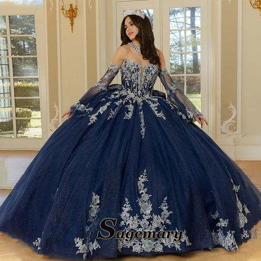 Princess Quinceañera Ball Gown – Lace Appliques, Glitter Tulle & Detachable Sleeves