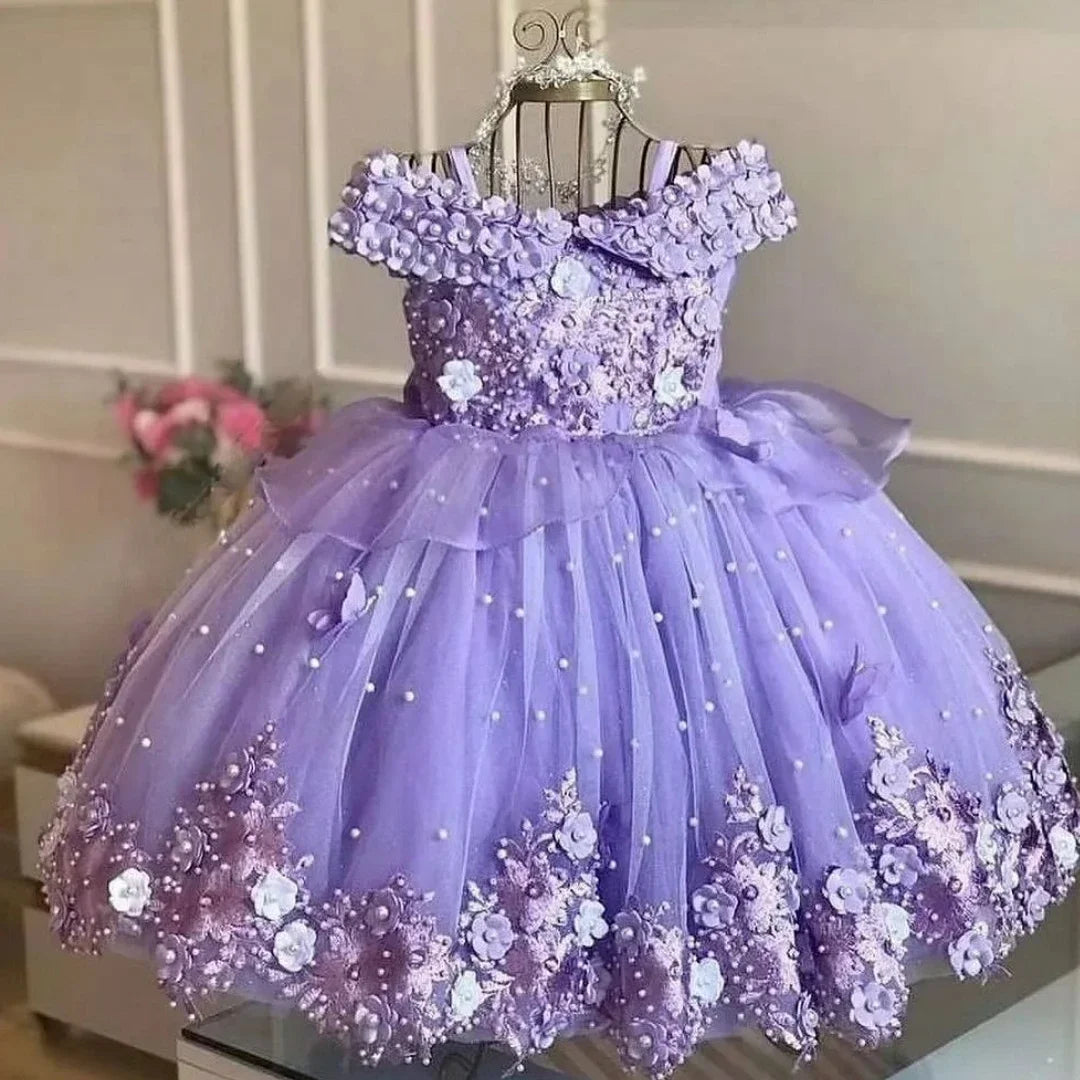 Custom Pink &amp; Purple 3D Floral Flower Girl Dress (Wedding · First Christmas · Birthday Party · Cap Sleeves)