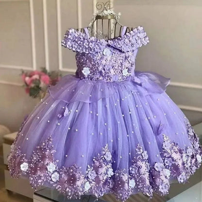 Custom Pink &amp; Purple 3D Floral Flower Girl Dress (Wedding · First Christmas · Birthday Party · Cap Sleeves)