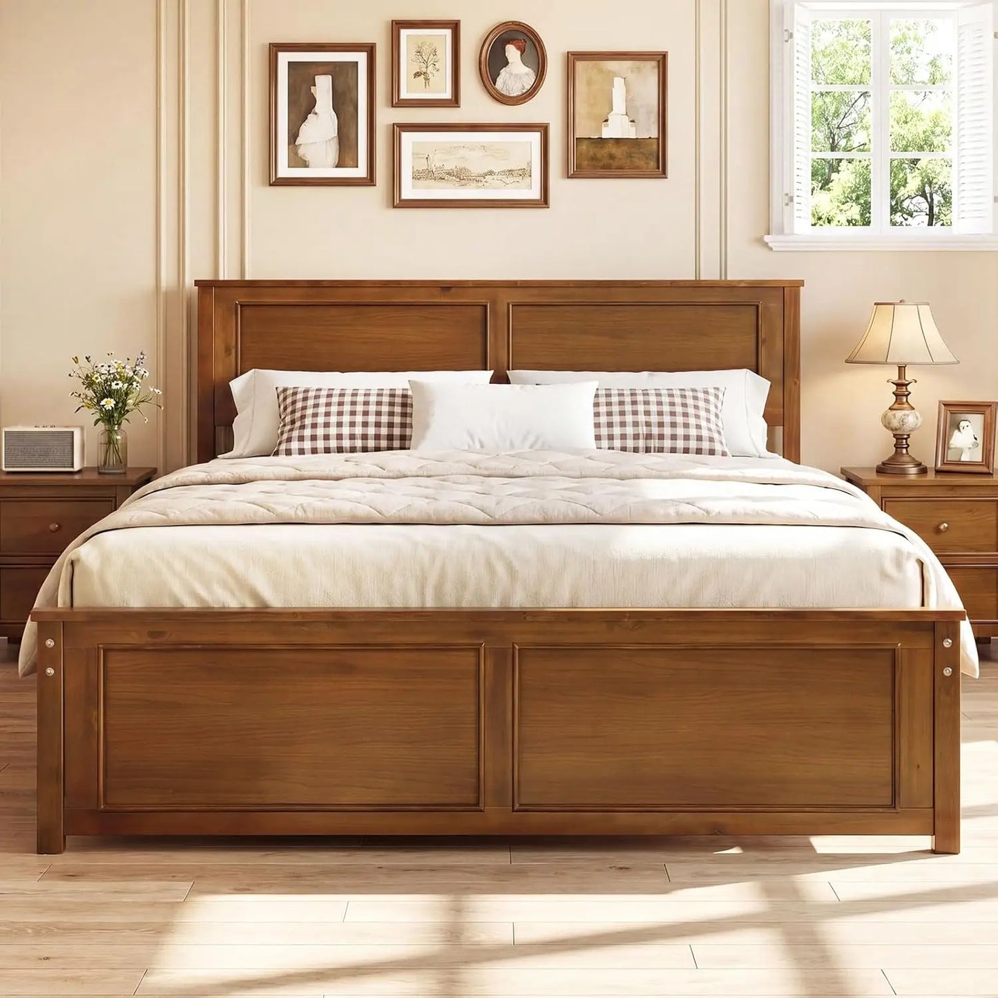 Queen Farmhouse Wood Platform Bed Frame with Headboard