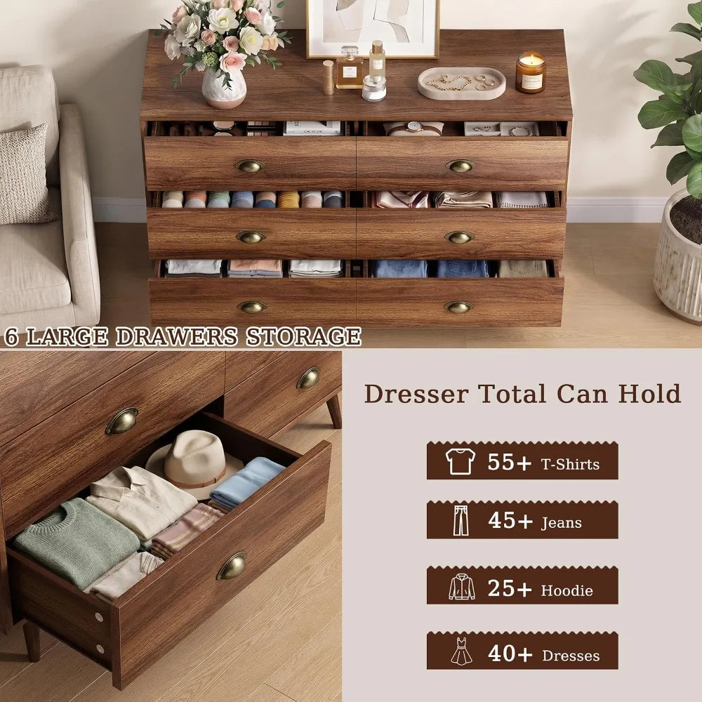 Walnut 6‑Drawer Dresser — 47" Mid‑Century Chest