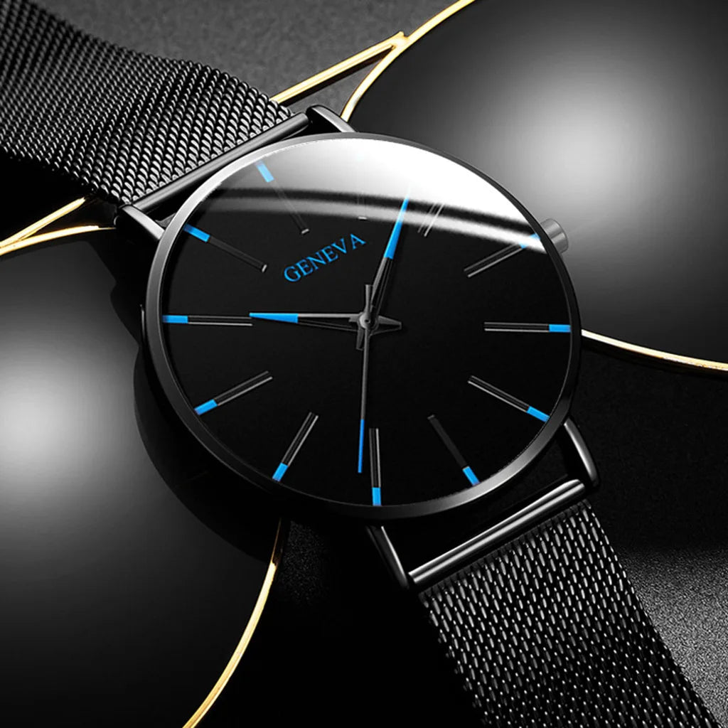 Mens Business Black Luxury Watches Stainless Steel Ultra Thin Mesh Belt Quartz