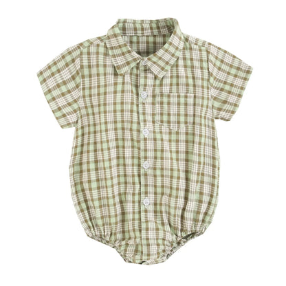 Baby Boys Bodysuits Short Sleeve Plaid Cotton