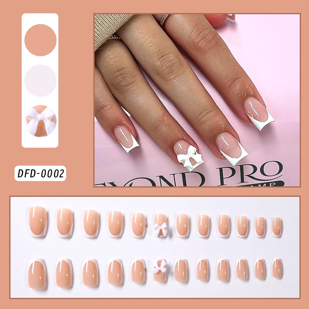 24Pcs Pink Leopard Print French Tips False Nails Short Square Head 3D Black Bowknot Fake Nails Acrylic Full Cover Press on Nails