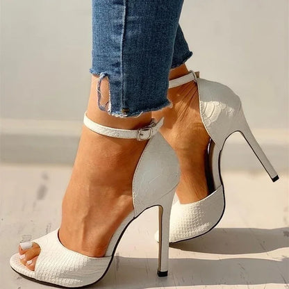 Sexy White Peep Toe Ankle‑Strap Stiletto Pumps – Snake Pattern High Heels