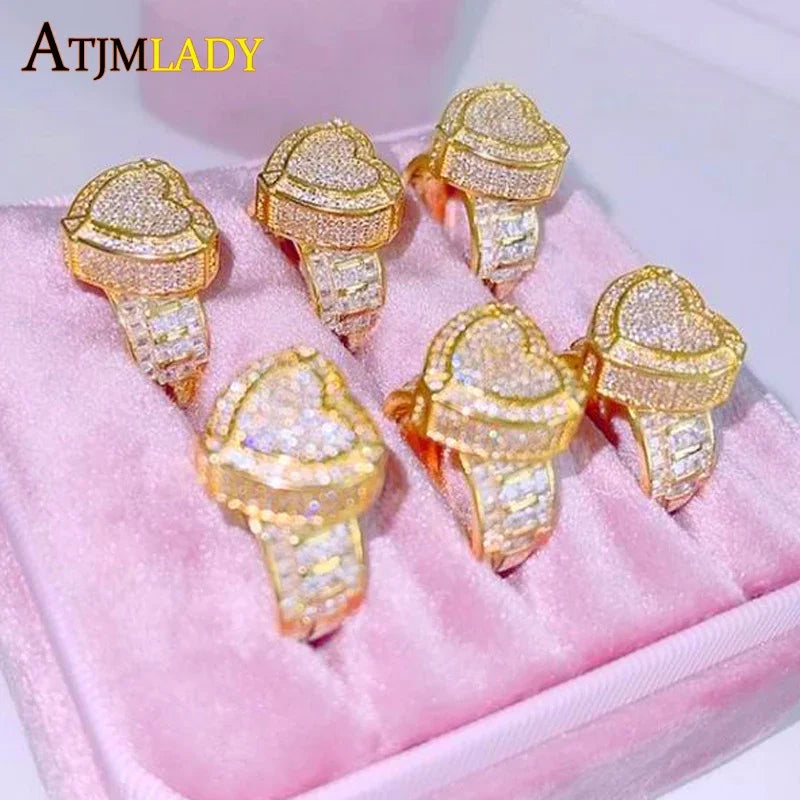Mother's Day Gift For Girlfriend Hip Hop Gold Color Iced Out 5A Heart Cubic Zirconia Heart CZ Wedding Engagement Ring