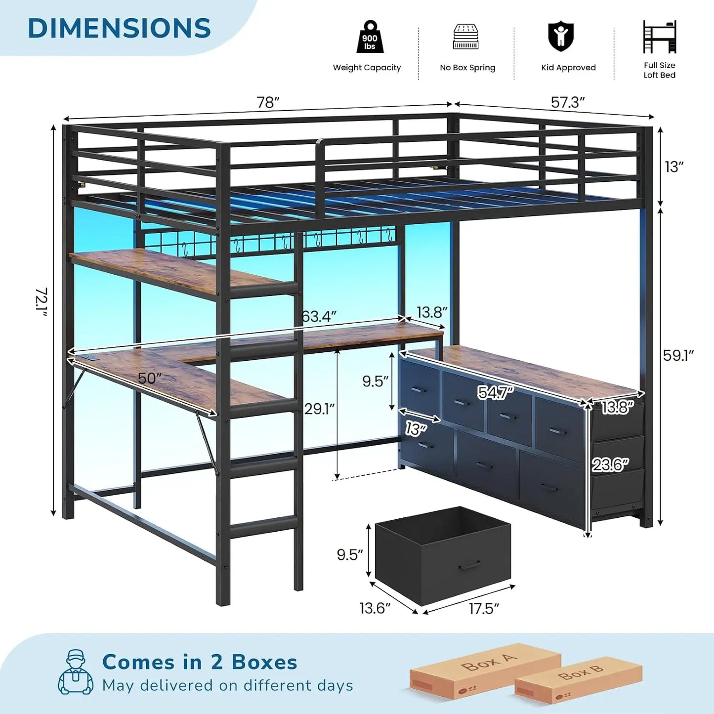 Full Loft Bed w/ U‑Desk, 7 Drawers, 2‑Tier Shelves & RGB LED — Customized