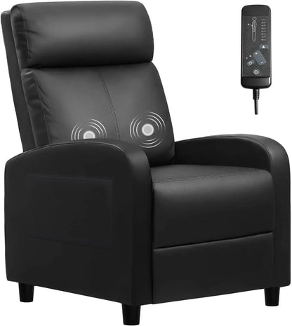 Single Recliner Sofa (PU Leather, Massage Footrest, Black)