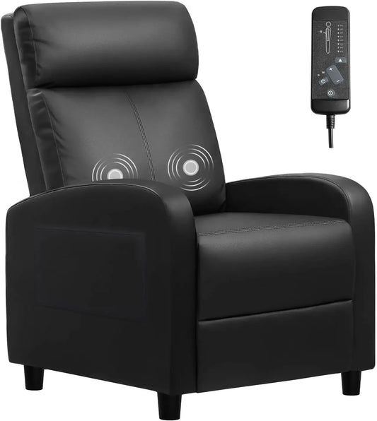 Single Recliner Sofa (PU Leather, Massage Footrest, Black)