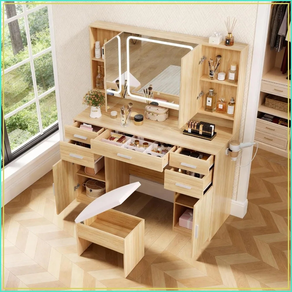 Tri‑Fold Vanity Mirror with 9 Drawers, LED Lights & Stool