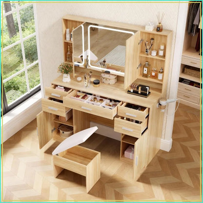 Tri‑Fold Vanity Mirror with 9 Drawers, LED Lights & Stool