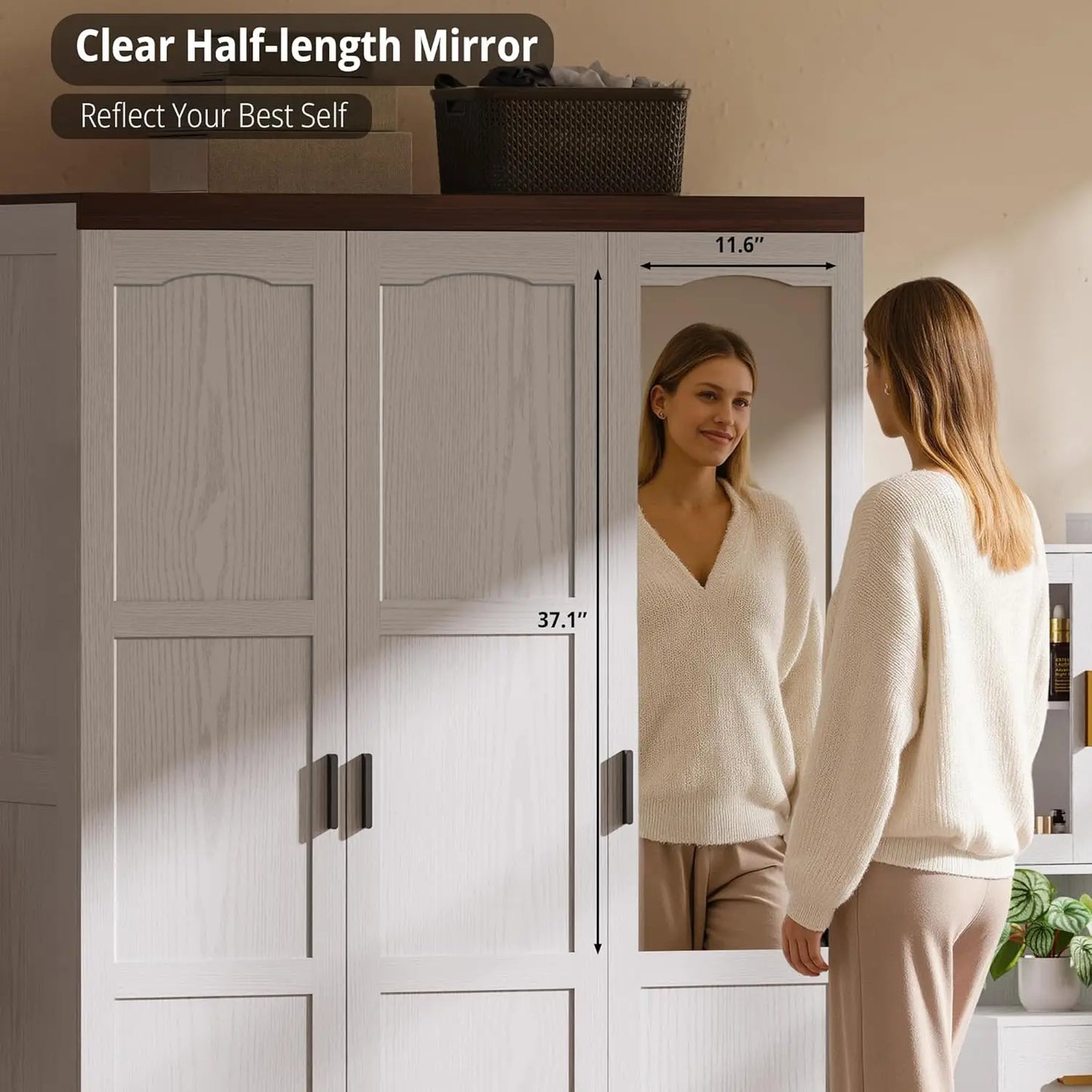White 3‑Door Wardrobe with Mirror, Shelves & Hanging Rod