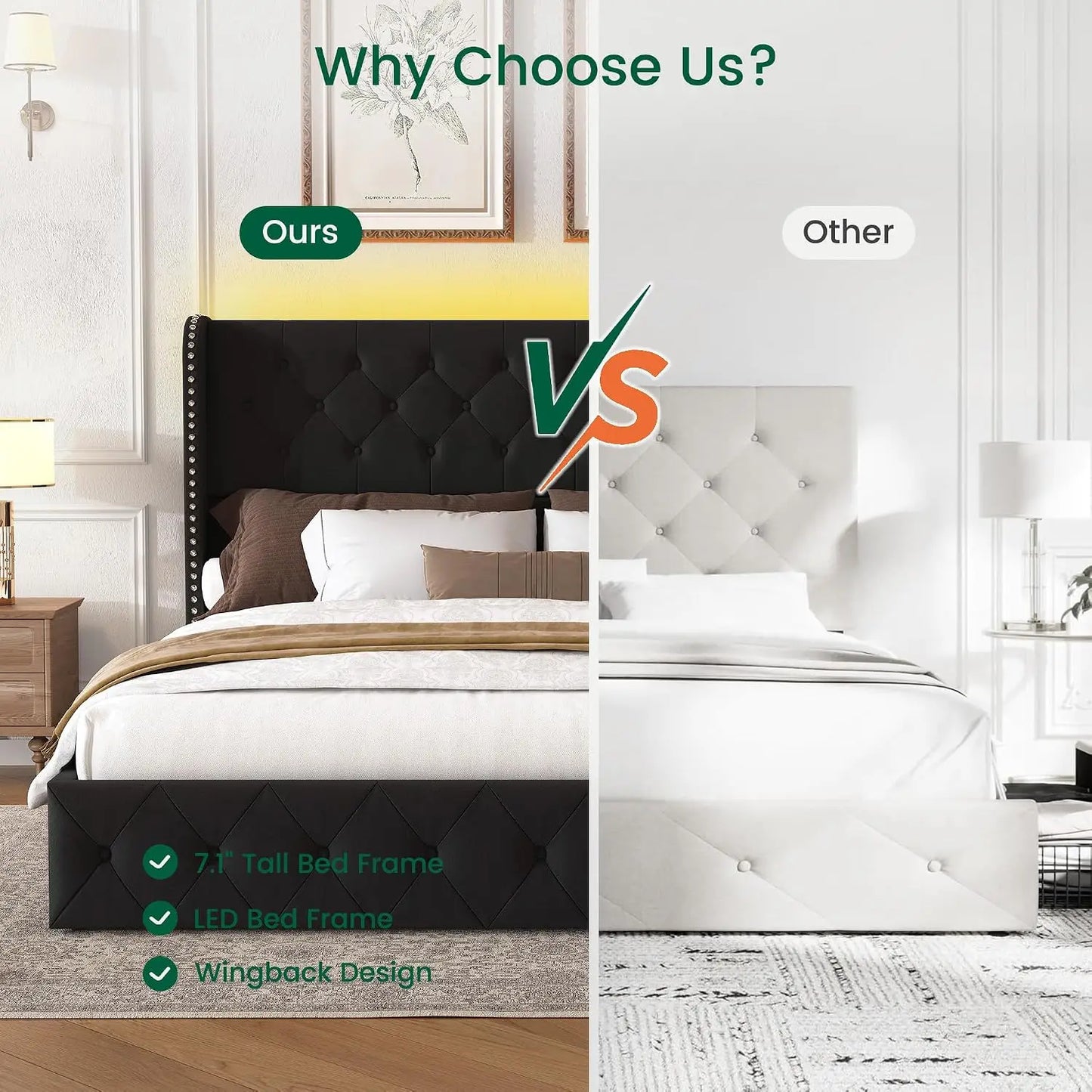 King Velvet Platform Bed w/ LED & 4 Storage Drawers