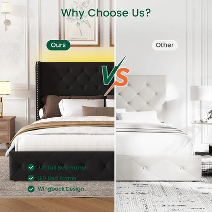 King Velvet Platform Bed w/ LED & 4 Storage Drawers
