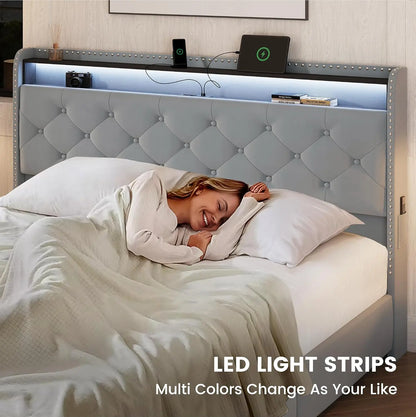 Queen Upholstered LED Platform Bed w/ 4 Storage Drawers